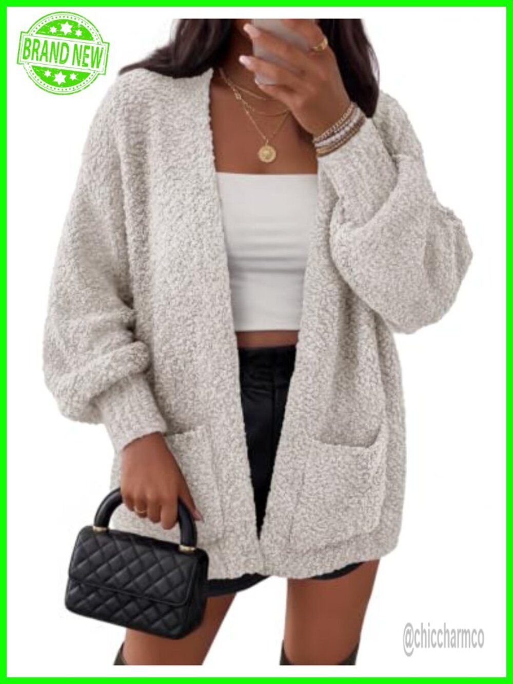 Fuzzy Popcorn Oversized Sherpa Chenille Cardigan Sweater with Pockets